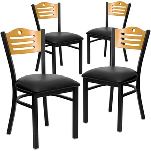 image:imageFlash Furniture 4 Pack HERCULES Series Black Slat Back Metal Restaurant Chair  Natural Wood Back Black Vinyl Seat