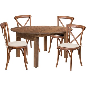 image:imageFlash Furniture HERCULES Series 60 Round Solid Pine Folding Farm Dining Table Set with 4 Cross Back Chairs and Cushions