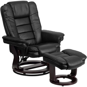 image:imageFlash Furniture Contemporary MultiPosition Recliner with Horizontal Stitching and Ottoman with Swivel Mahogany Wood Base in Black Leather